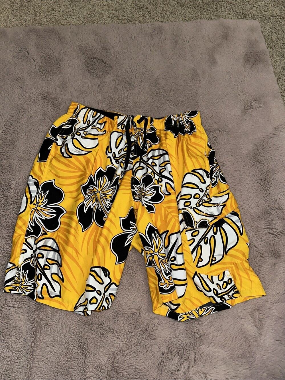 Speedo Men's Tropical Leaf Print Swim Trunks Size L Gold Pockets Mesh Lining
